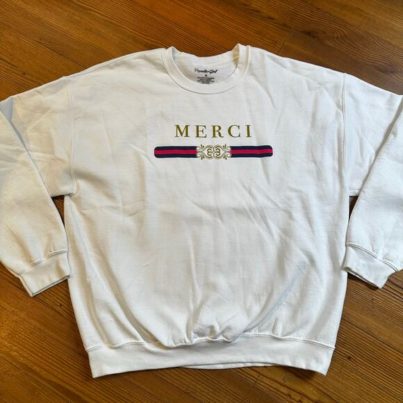 Popular Girl white Merci French graphic crew sweatshirt SIZE XL - Picture 3 of 5